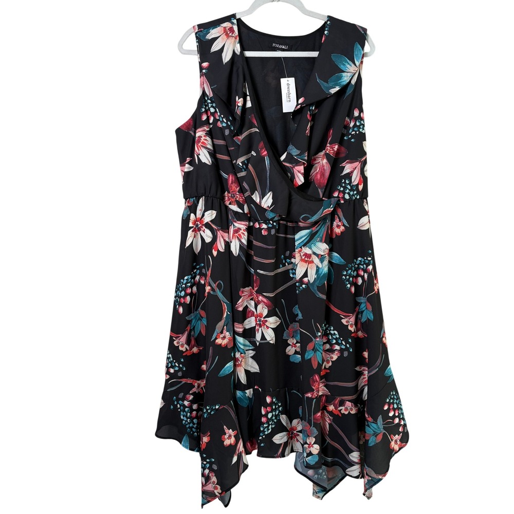 Roz & Ali Floral Faux Wrap Dress Women 16W Black Ruffle Sharkbite Hem V Neck NWT